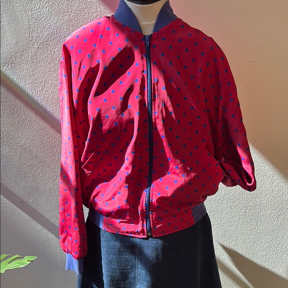 Vibrant Vintage Fuschia Bomber Jacket with Blue Dots